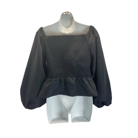 NEW Express size L Black Taffeta Faux Wrap Cropped Off Shoulder puff sleeve - Picture 3 of 10